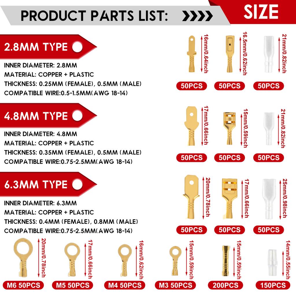 1000Pcs Brass Wire Connector Kit Good Conductivity Cable Terminal Set Excellent Insulation Brass Wire Lug for Car Truck Boat