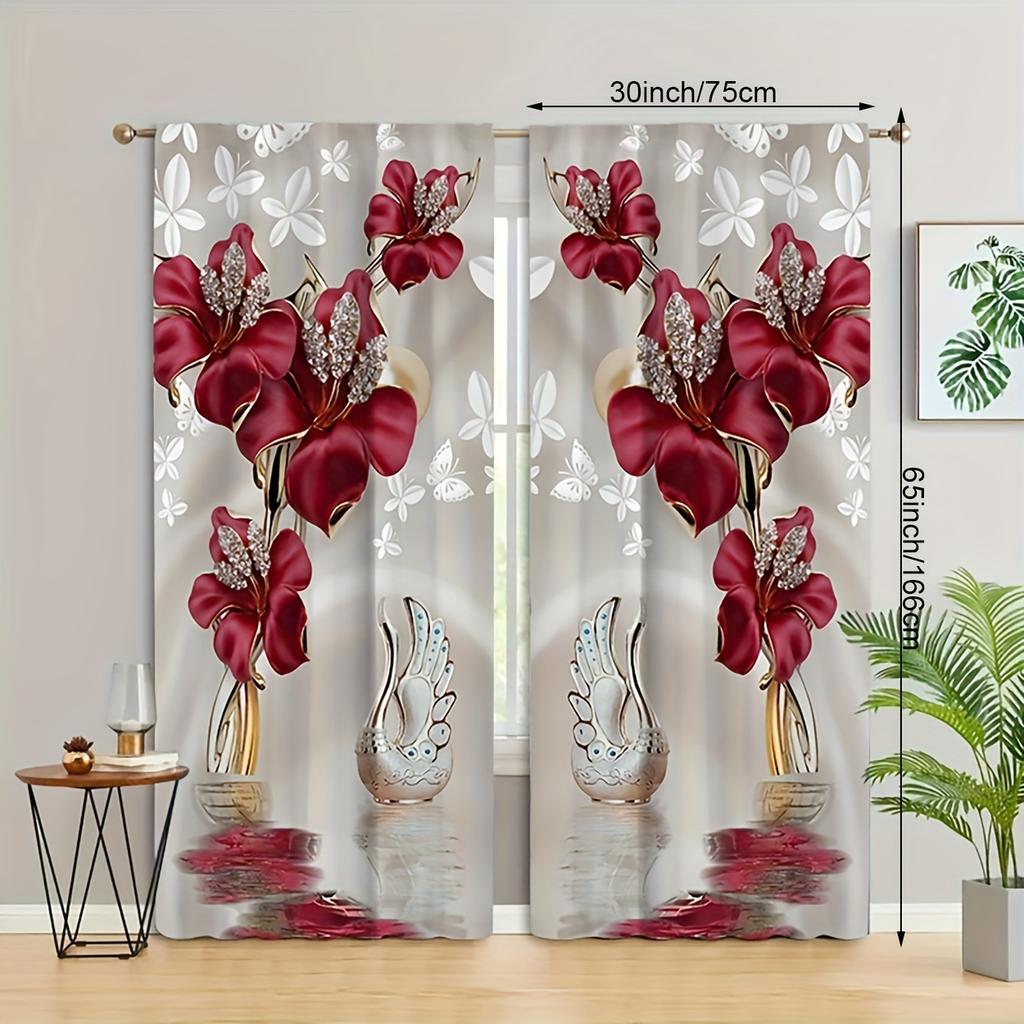 2pcs Rod Pocket Floral Printed Curtains, Window Drapes for Bedroom Living Room, Home Decoration, Room Decoration