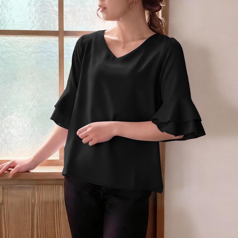 

ZANZEA Женская летняя блузка с V-образным вырезом, свободная, повседневная, с оборками, рукав до локтя 4XL чёрный