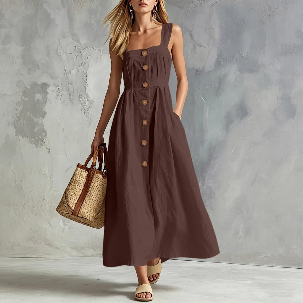 Women Sleeveless Button Front Maxi Dress Casual Long Dress with Pockets Lightweight Summer Sundress