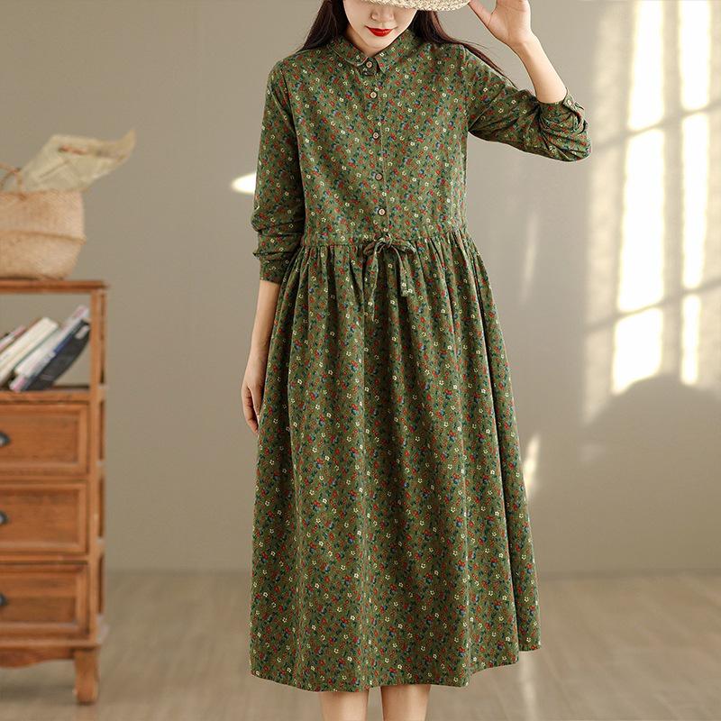 Mori Style Floral Cotton Turn-Down Collar Long-Sleeve Shirt Dress, 2025 Autumn Collection