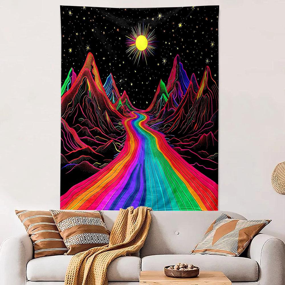 "Vibrant Rainbow Mountain Landscape Tapestry" Patterned Tapestry Decorative Wall Hanging, Home Bedroom Living Room Decor