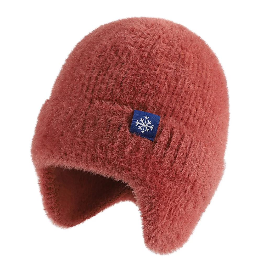 Winter Knit Earflap Beanie Soft Hat Outdoor Warm Woolen Snow Logo Plush Lined Brimmed Ski Skull Caps Blank Black Cold Hats