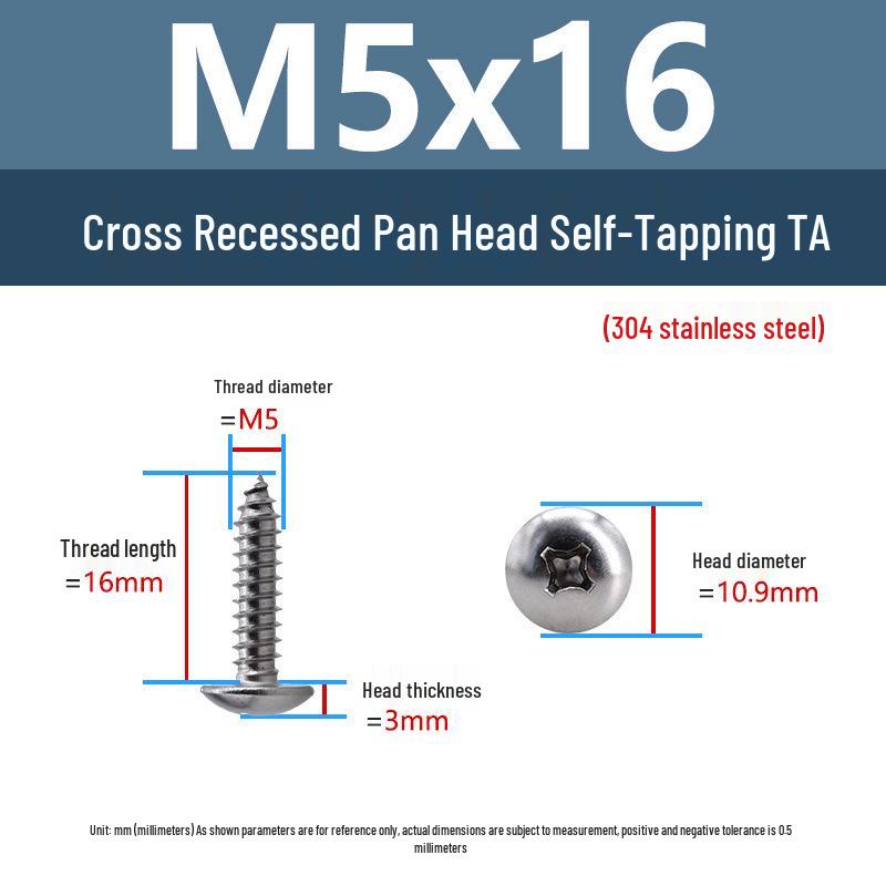 304 Stainless Steel Large Flat Head Self-Tapping Screws, TA Umbrella Head, Pointed Tail, M2-