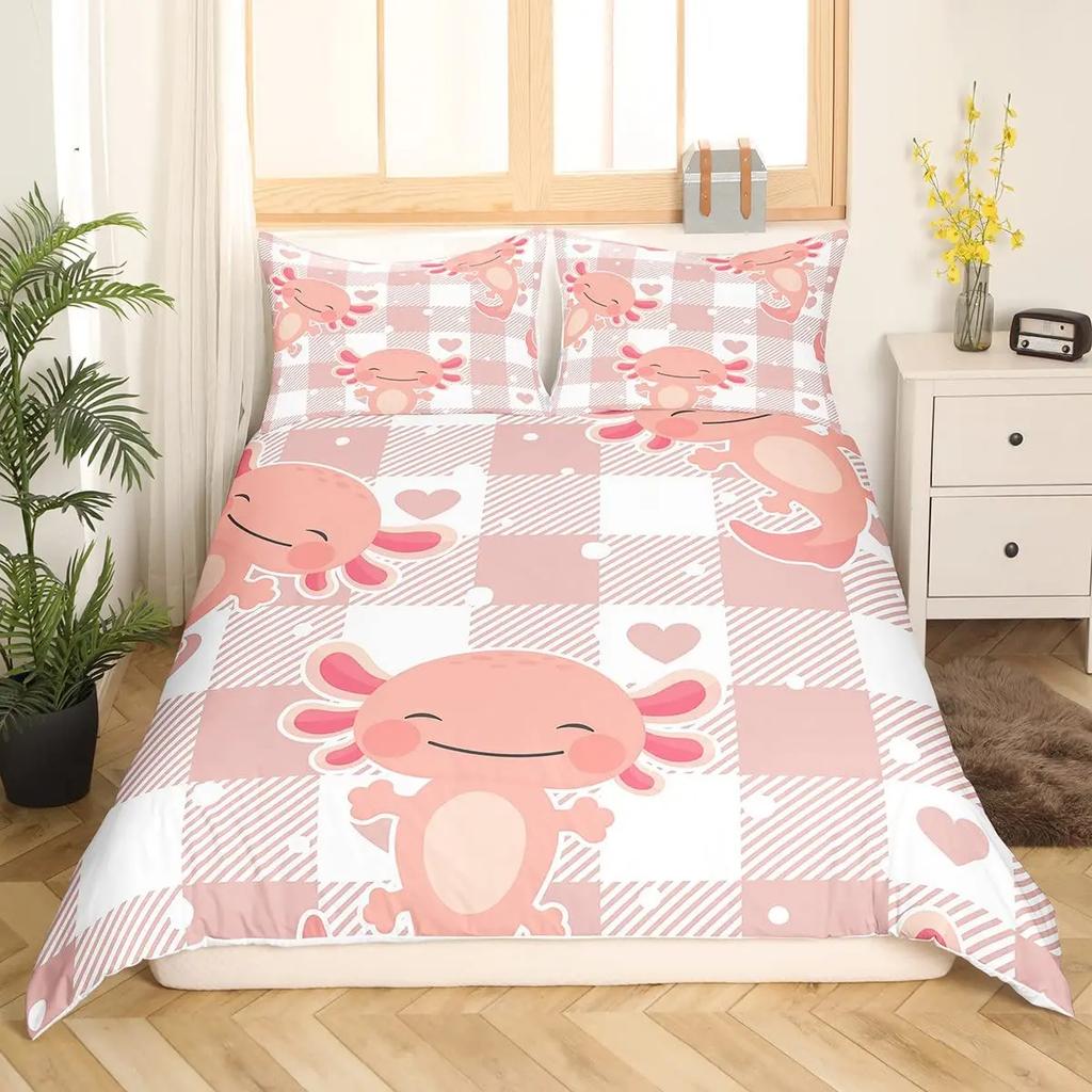 Cartoon Pink Axolotl Floral King Queen Duvet Cover Kawaii Salamander Bedding Set 3D Animal Quilt Cover Polyester Comforter Cover