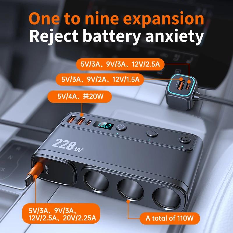 228W Car Charger Adapter 9 in 1 PD 3 Socket Cigarette Lighter Splitter Charge Independent Switches 12V 24V Fast Charger