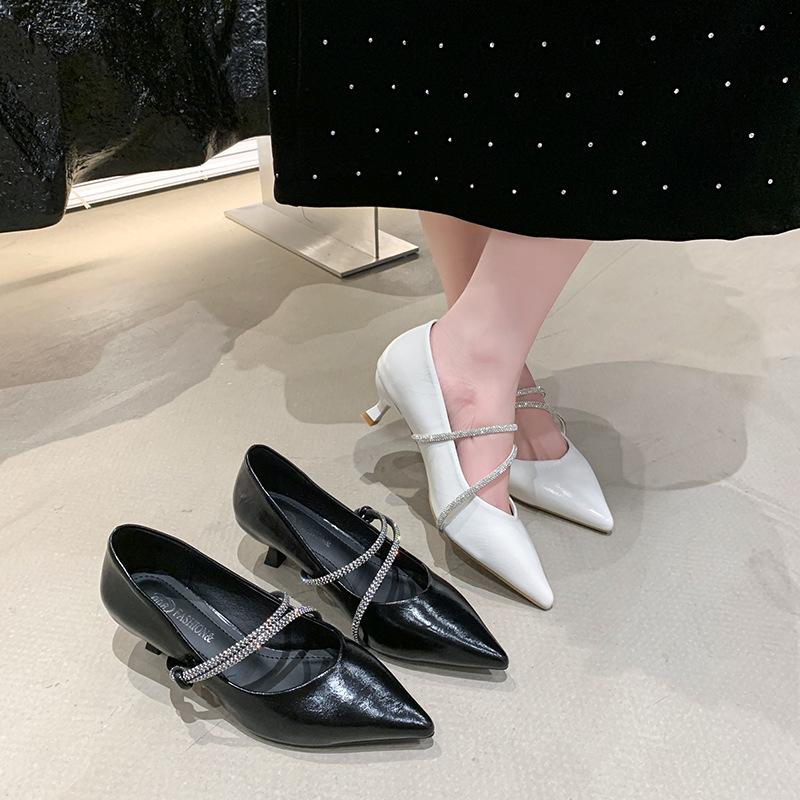 Fashion French Rhinestone Temperament Single Shoe Women Black Pointed Thin Heel Shallow High-heeled Shoes Luxury Zapatos De Mujer