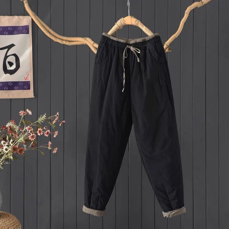Winter Commute Thickened Warm Harlan Pants Women's Loose Slimming Long Cotton Pants Color Block Design Fashionable Casual Trousers