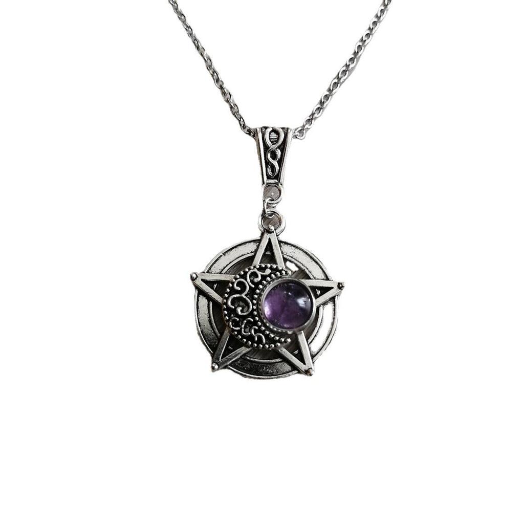 Gothic Pentagram Crescent Amethyst Pendant Necklace