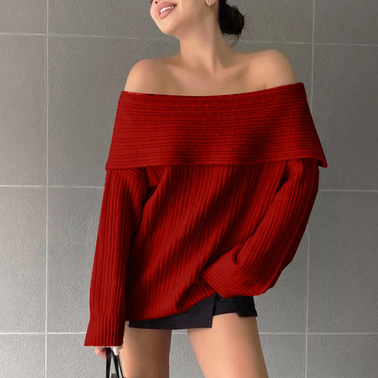 

Женский свитер с открытыми плечами и воротником-стойкой, однотонный свободный топ M красный