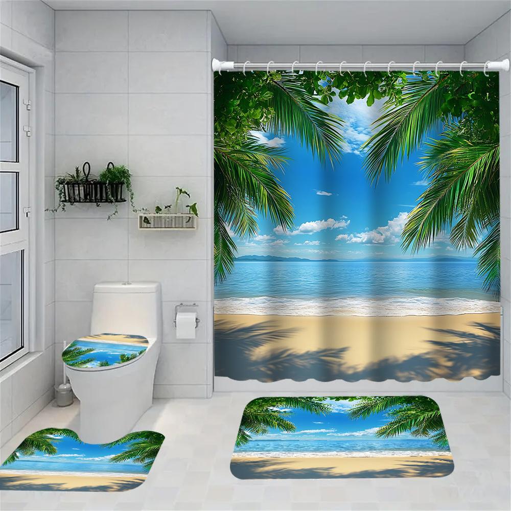 1/4 Seaside scenery shower Curtains, Toilet Seat Decoration, Shower Curtain with Carpet and Toilet Lid, 12 70.8x70.8 inch Hooks