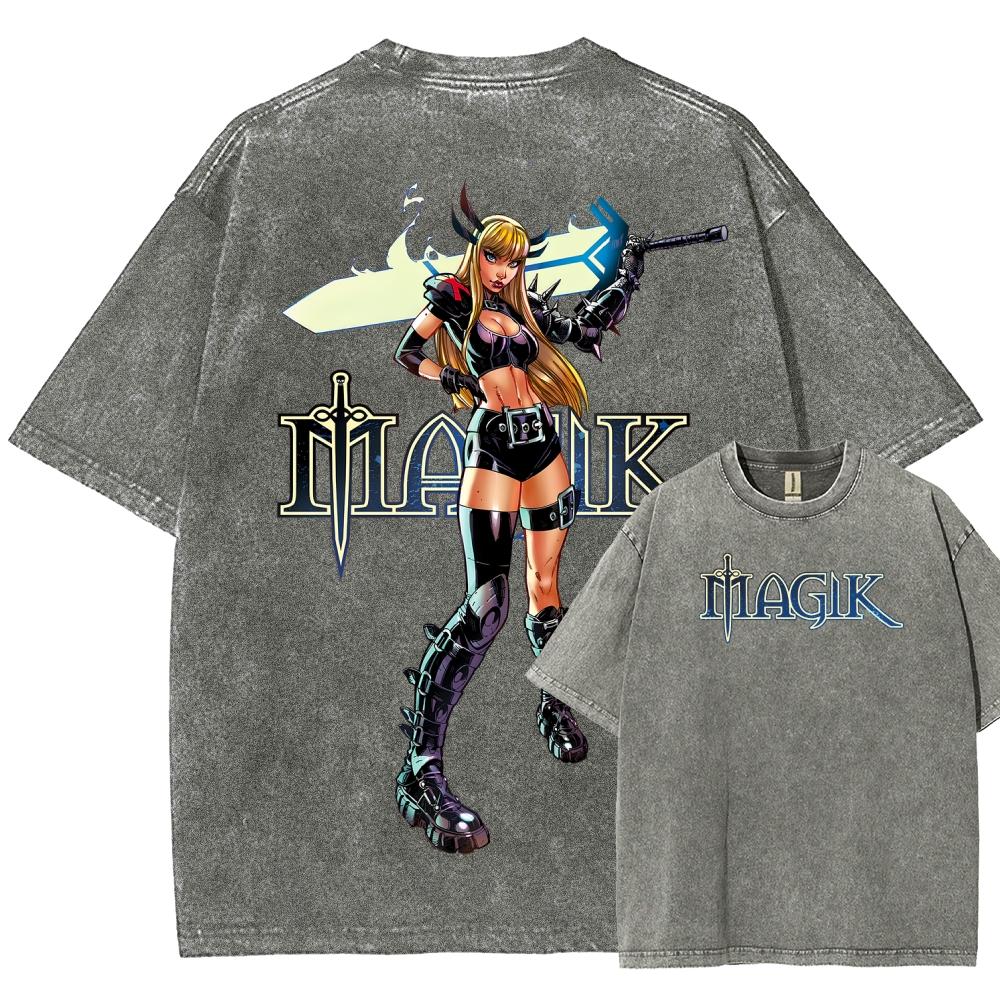 

Magik Marvel Character Graphic TShirt Men Vintage Washed Oversized Cotton Tee Streetwear Retro Acid Wash Short Sleeve Tops XL