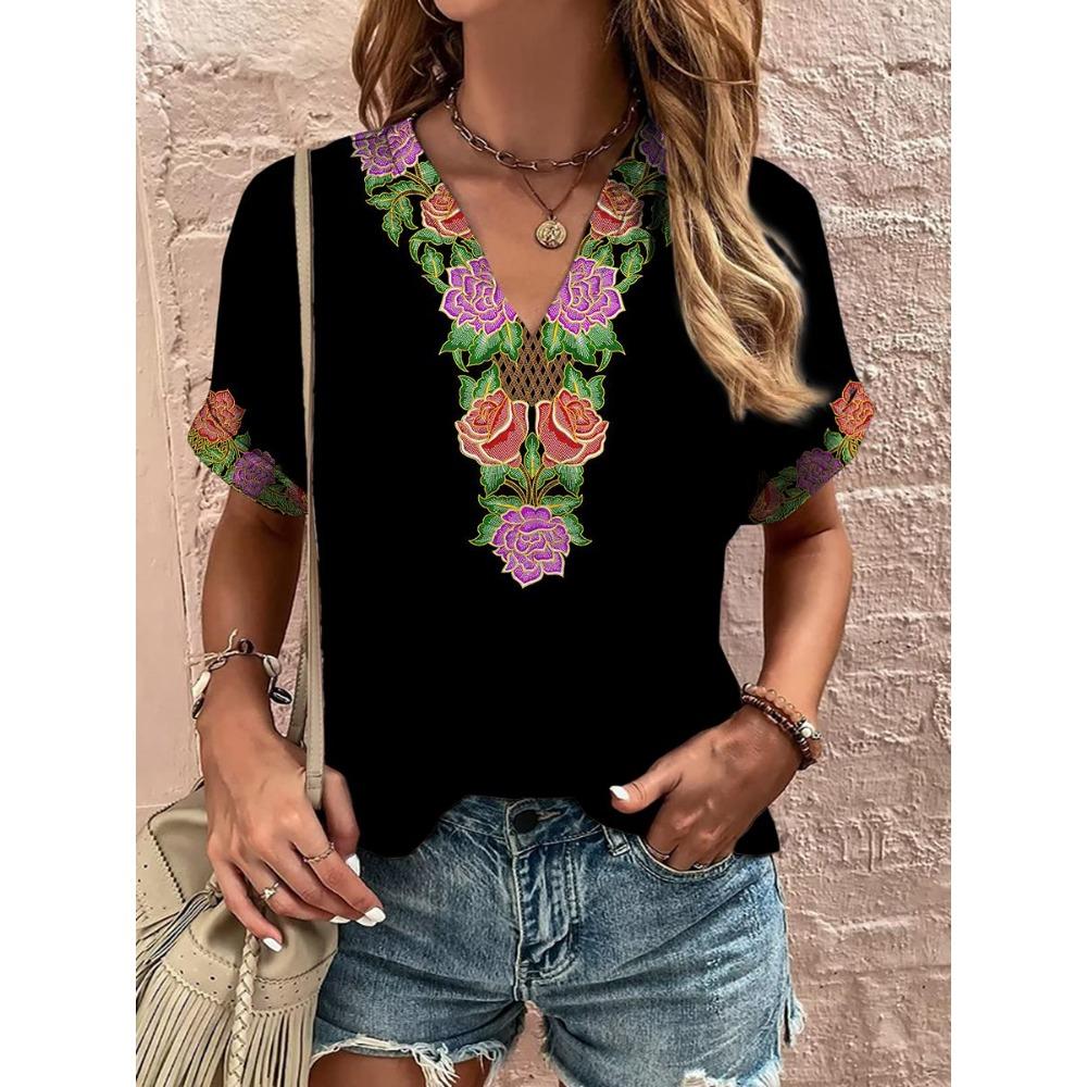 Vintage Women's T-Shirt Ethnic Harajuku Print Summer Outdoor Casual V-Neck Short Sleeve