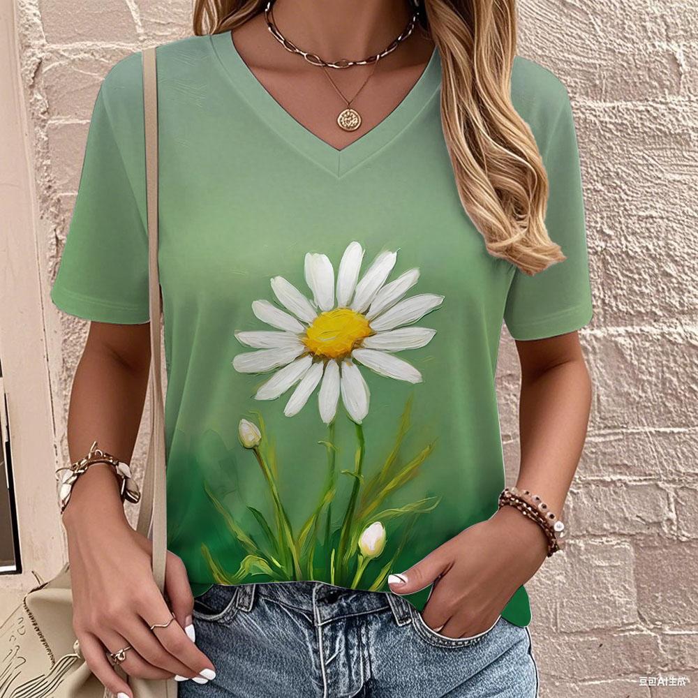Fashion Flower T-Shirts Floral 3D Print Women's Casual V-Neck Short Sleeve T Shirt Y2K Tees Harajuku Outdoor Top Female Clothing