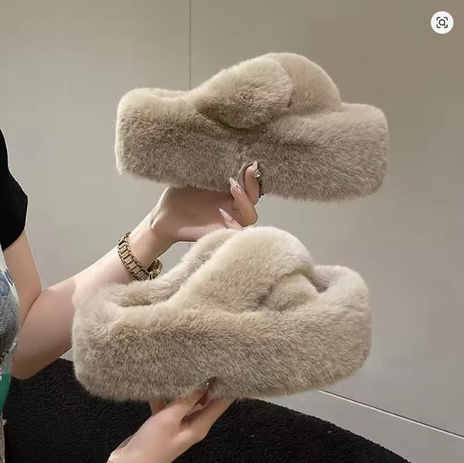 Dámské chlupaté dámské luxusní nadýchané plyšové pantofle do domu měkké chlupaté dívčí platforma vnitřní ploché ležérní dřeváky kulatá špička zima