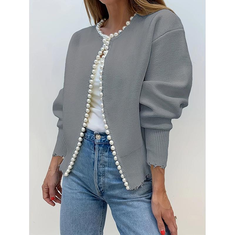 Casual Cardigan Sweater Women Pearls Decoration Elegant Long Sleeve Knit Coat Jacket Autumn Winter Lady Street Outwear