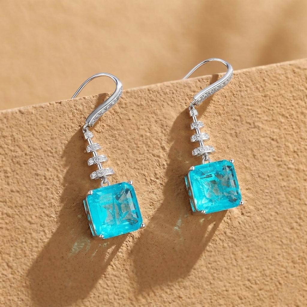 Best Anniversary Gift for Her Summer Sea Jewelry 925 Silver Lab-Grown Colored Gemstones Neon Bluish Green Paraiba Hook Earrings Lab-Grown Paraiba Dangle Earrings