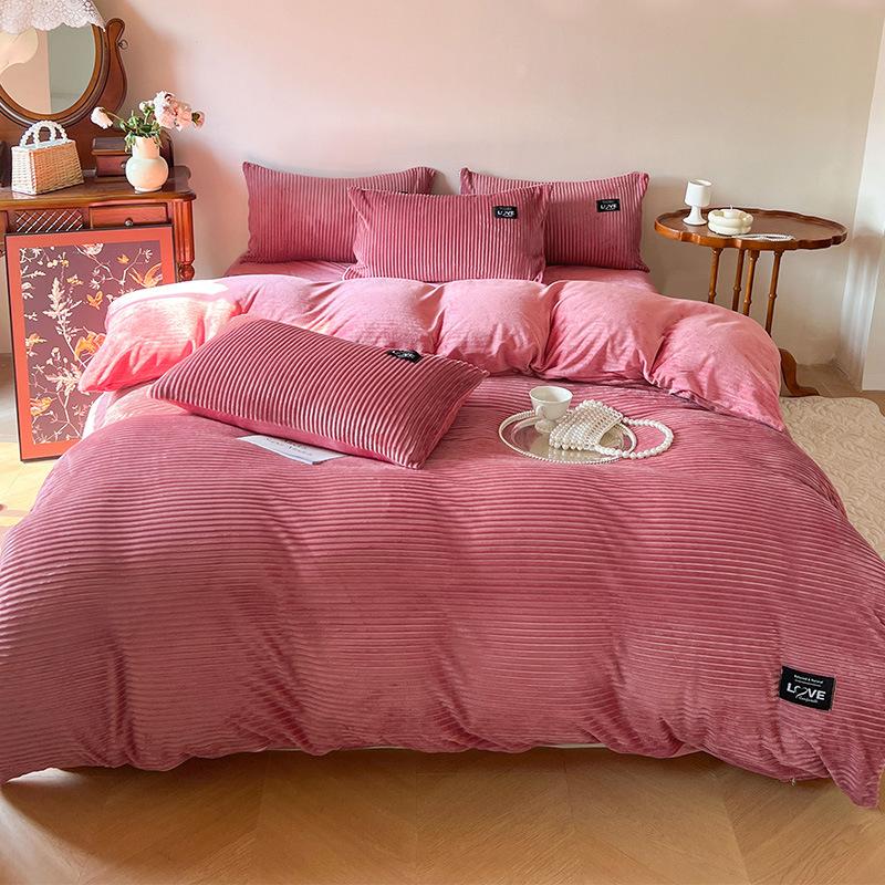 High Quality Milk Magic Velvet Winter Warm Thickened Double-sided Duvet Cover Coral Velvet Bed Hats Pillowcase Duvet Cover Four-piece Set