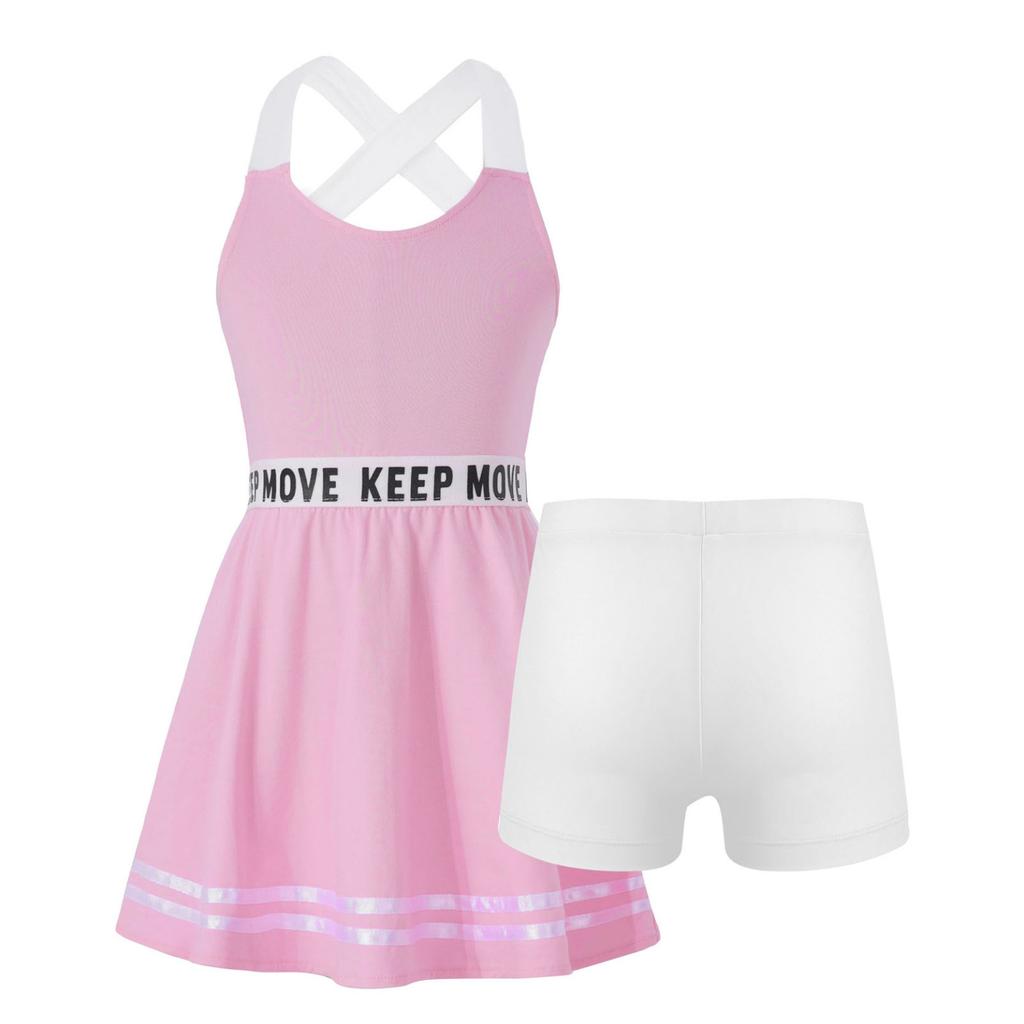 Kinderbekleidungsset, Tennisanzug, ärmelloses Tenniskleid mit Innenshorts, Mädchen-Tennissport-Trainings-Workout-Kleid-Outfits