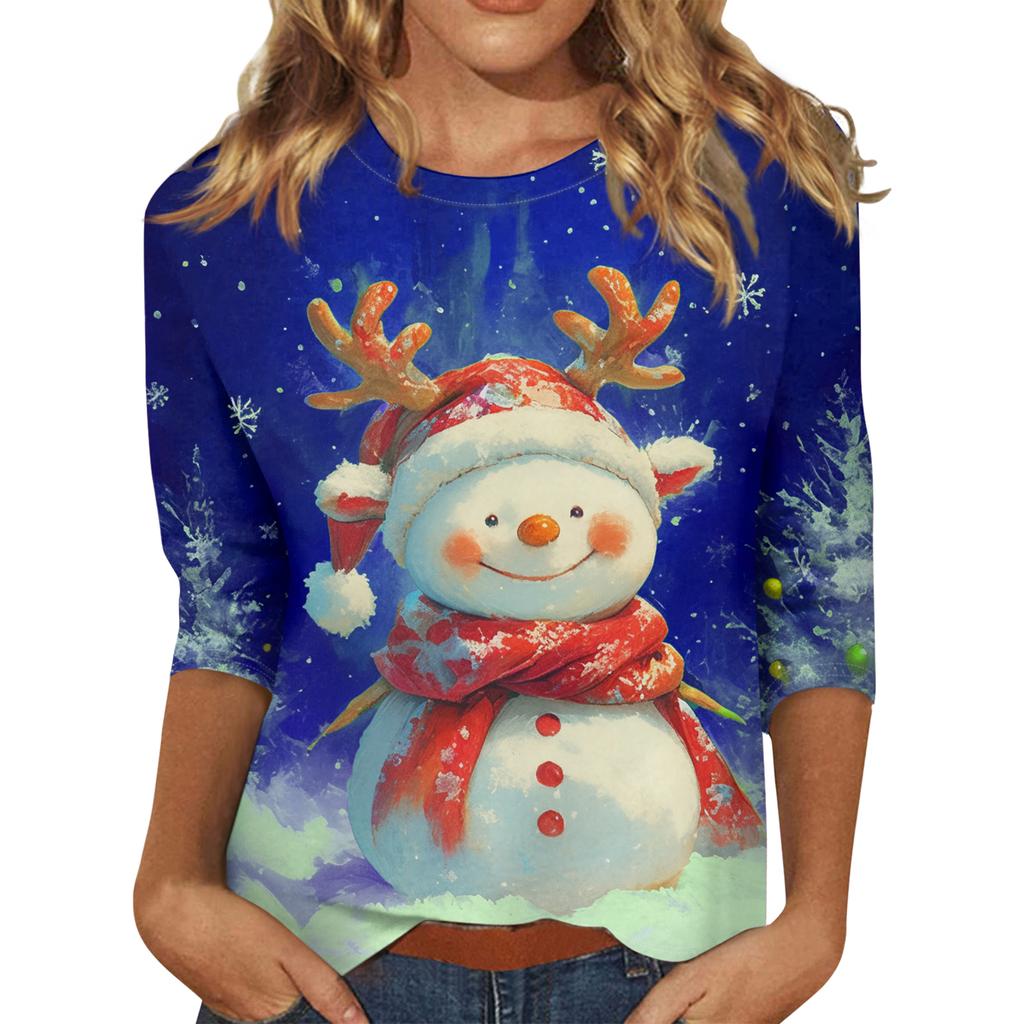 Ladies' Christmas Printed Fashionable Casual Seven Quarter Sleeved Round Neck Top
