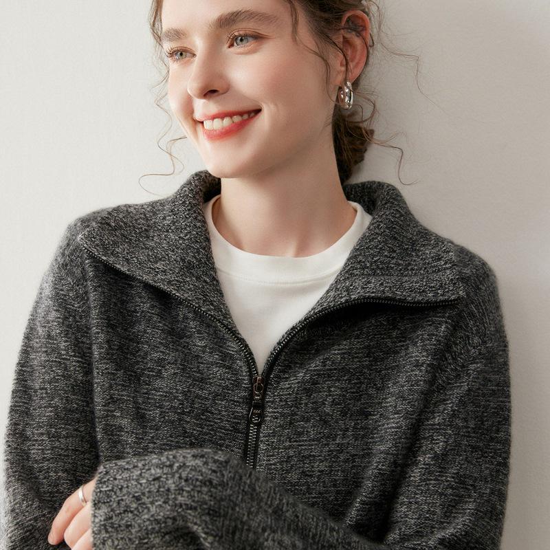 2025 Retro Cashmere Lapel Cardigan: Chunky Knit Short Zipper Sweater for Autumn/Winter