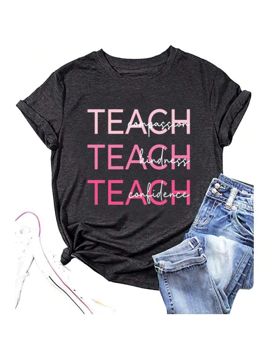 

Teacher Shirts Women Funny Teach Printed Graphic Tshirt Short Sleeve Blouse Inspirational Teaching Life Gifts Tops Tee XXXXXL чорний