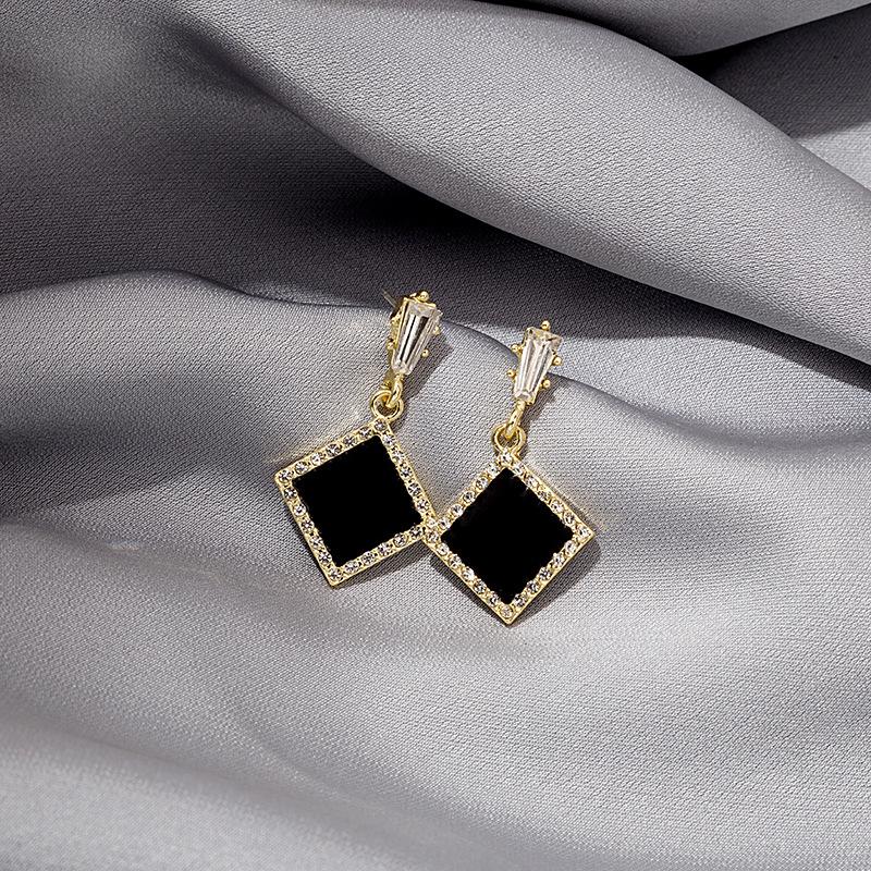 Black Enamel Rhombus Pendants Dangle Earrings for Women Rhinestone Side Square Geometric Statement Female Boho Ear Jewelry