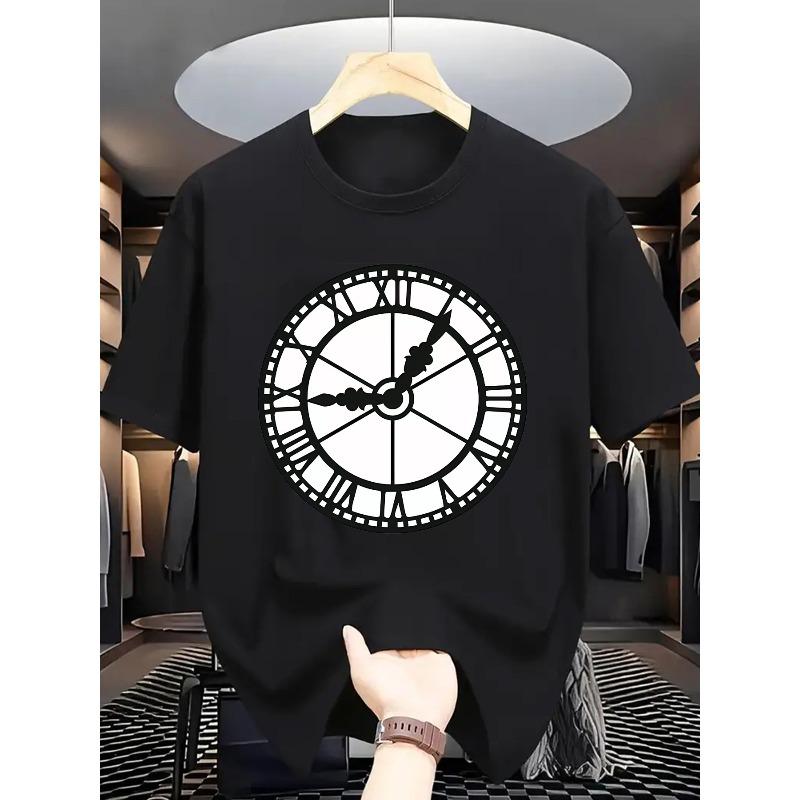 

European Size 1pc Men S Casual Crew Neck T-Shirt with Clock Print, Cotton Knit Fabric, Slight Stretch,Regular Fit for Summer-Fashionable Short Sleeve 4XL чорний
