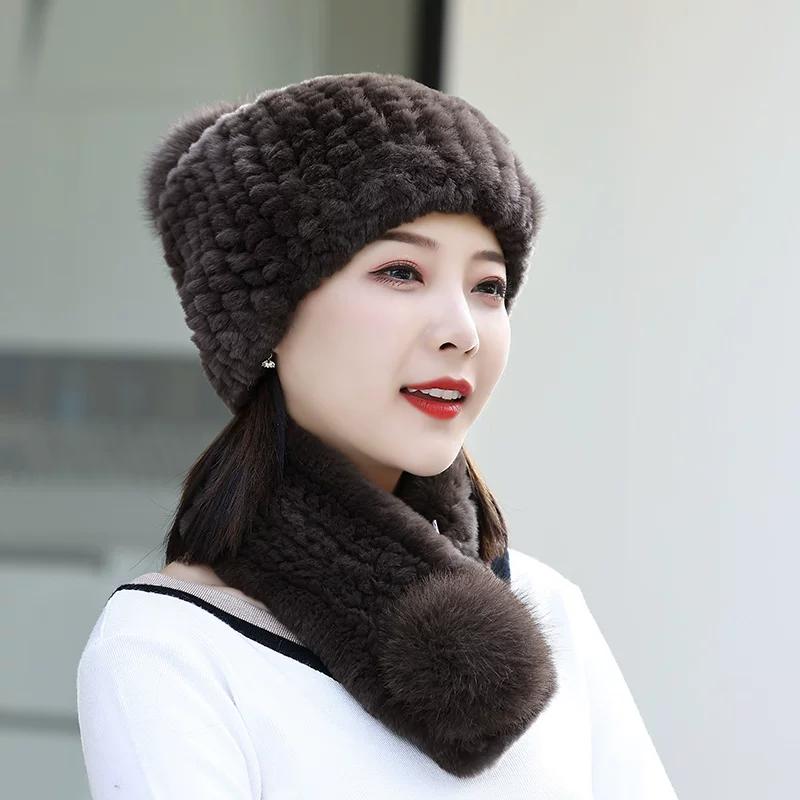 Rex Rabbit Hair Hat Scarf Two-piece Set Women's Winter Fur Hat Set Winter Fashion Warm Middle-aged Mother Hat