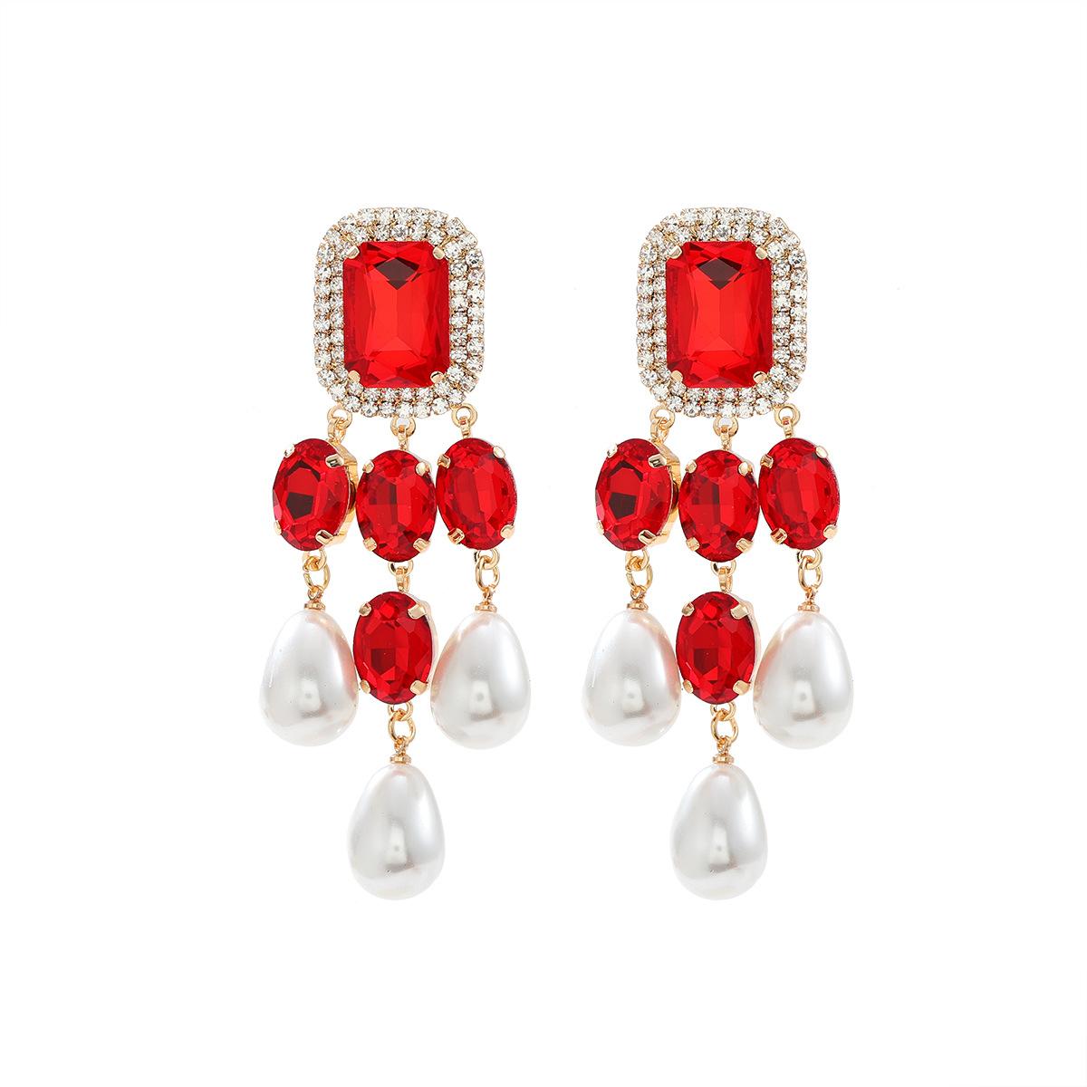 

Metal Square Rhinestones Imitation Pearl Geometric Dangle Earrings Women s New Simple Trend Design Zircon Party Accessories красный