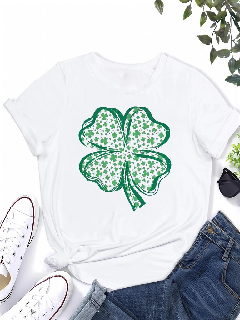 St Patricks Day Fourleaf Clover Print TShirt Summer New Womens Casual Crew Neck Short Sleeve Tee Fashionable Tops  T Shirt