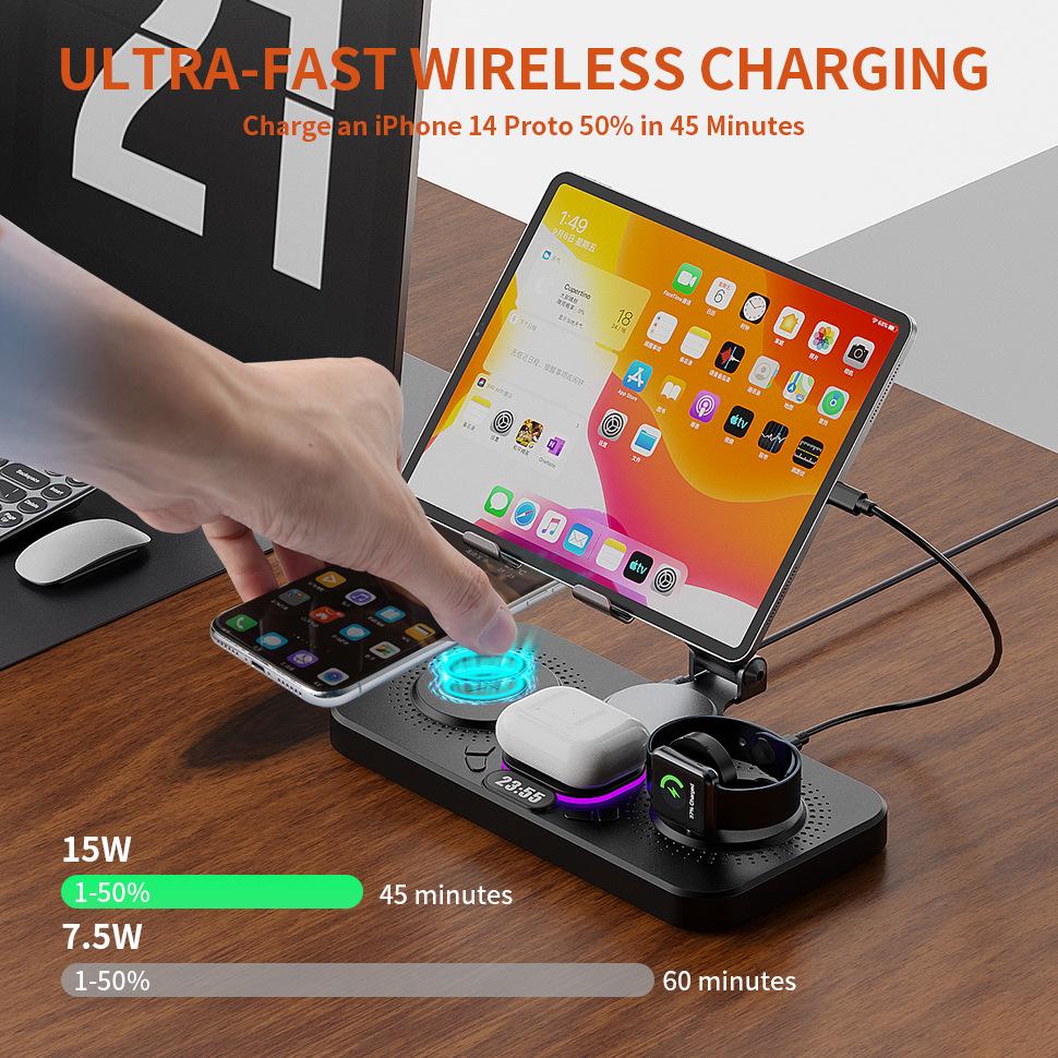 7-in-1 Foldable Wireless Charger for Phone, Watch, Earbuds, Clock, and Lights with Tablet Stand