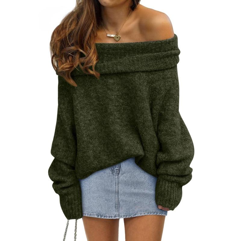 2025 New Autumn and Winter Loose Bat Sleeve Solid Color Pullover Off-shoulder Casual Knitted Sweater for Women