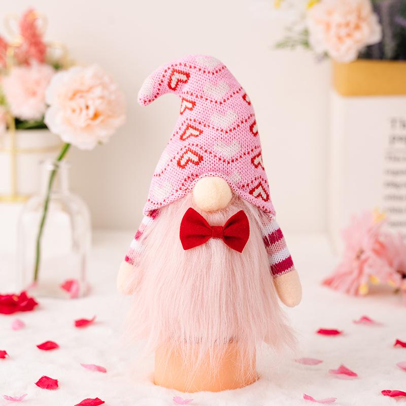 Pink Heart Plush Doll 22cm Valentine's Day Decoration Couple Figurine Gift with Red Bow Soft Stuffed Toy for Romantic Home Decor