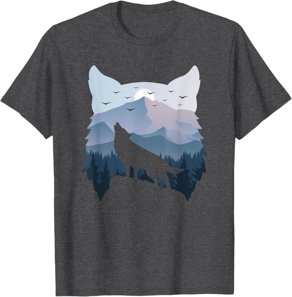 Wolf Howling Mountain Landscape Graphic Tee Men Women Casual Summer Breathable T-Shirt