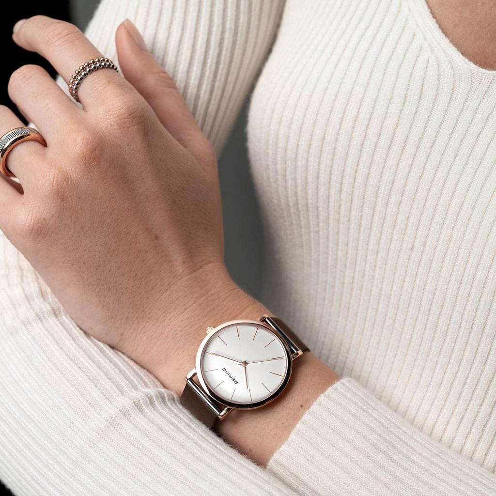 BERING Analog Quartz Watch from the Classic with a Genuine Calfskin Leather Strap and Sapphire Officially Sapphire Crystal is and Women's Collection,
