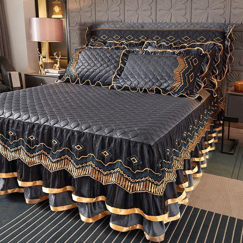 1pcs Luxurious European Quilted Crystal Velvet Bed Skirt Set with Lace Trim - Warm, Thick,1 Bed Skirt