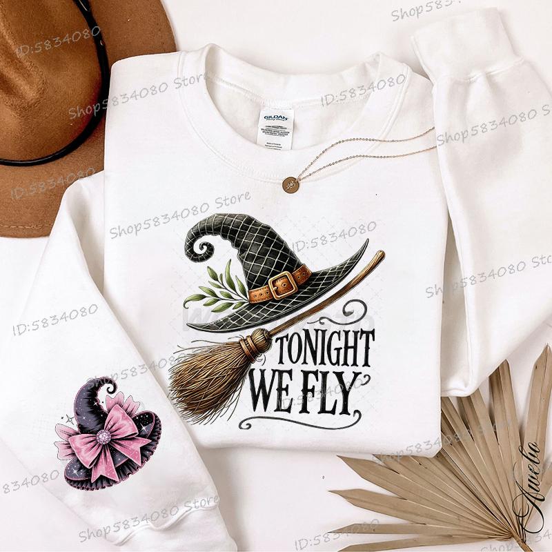 Womens Sweatshirt Halloween Witch Hat Pullovers Fall Long Sleeve Spooky Season Hooded Shirt Tonight We Fly Halloween Sweater S