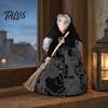 Retro Witch Figurine Halloween Kitchen Doll, Small Statue with Broom, Black And Orange Doll Tabletop Party Decoration for Table Fireplace Holiday Home