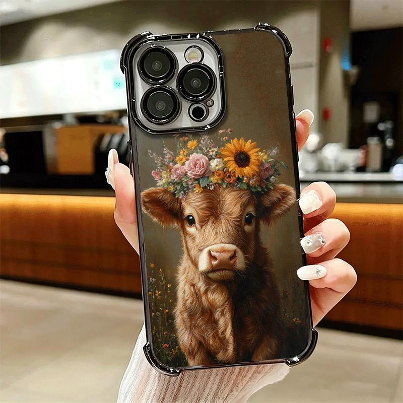 Cute Highland Cow Plating Phone Case For Iphone 16 17 Pro Max Air 16E 14 15 Plus 12 13 Mini Anti-Fall Airabag Cover