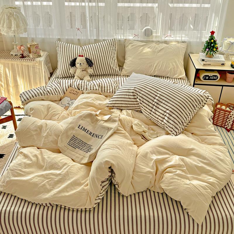 Striped Bedding Set Korean Style Duvet Cover Set Flat Sheets Set Single Twin Double Size Bed Linen Set Back To School Season