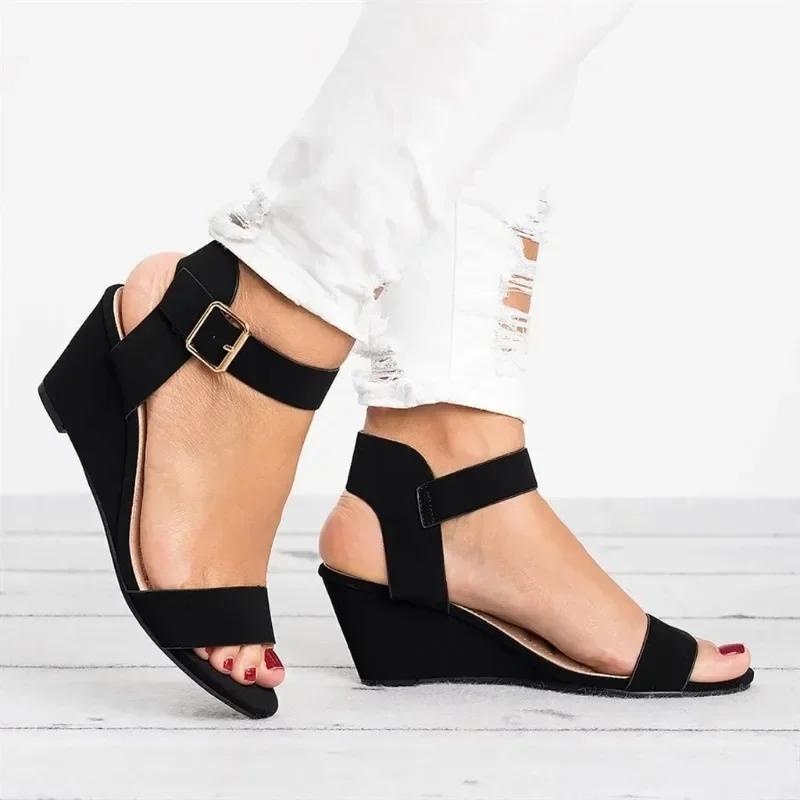 High Quality Wedges Shoes Women Casual Sandalias De Mujer Solid Flock Open Toe Mid Heel Roman Beach Sandals Women High Heels