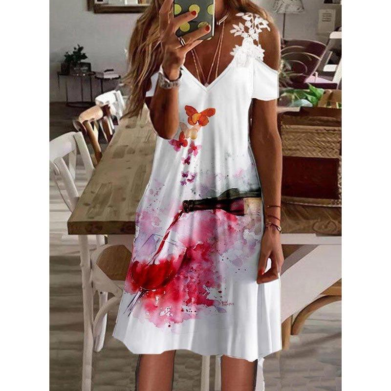 Vestido de Verano con Hombros Descubiertos de Encaje y Manga Corta Nuevo Estampado Holgado Casual Vestidos de Fiesta Moda Femenina Elegante Línea A Talla Grande Ropa Dulce