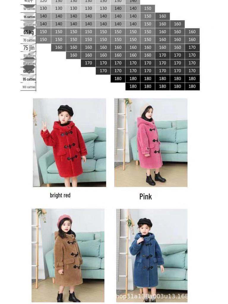 [Size Clearance] Mid-Length Girls' Wool Jacket - Autumn/Winter Shearling Coat with Fur Details