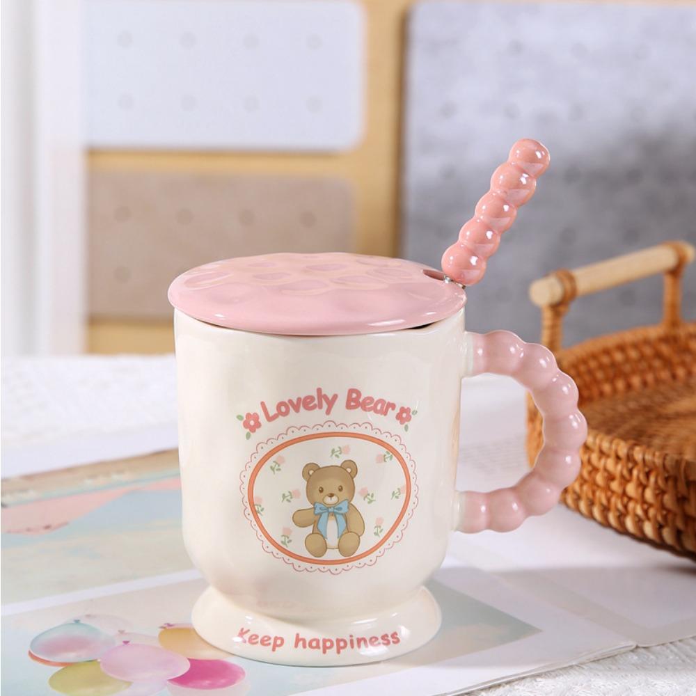 Cute pink bear ceramic mug with lid birthday gift household drinking water high value water cup souvenir gift girl