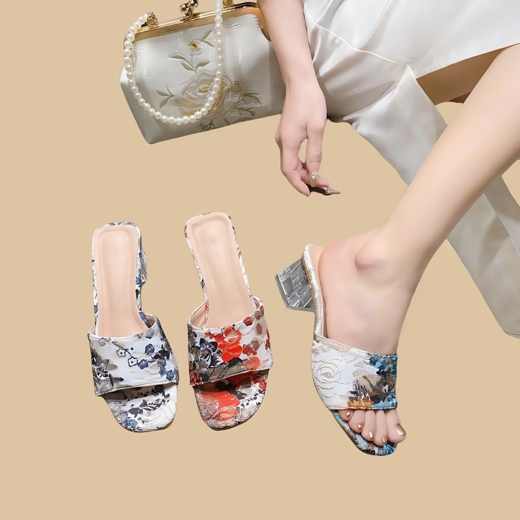 Fashion Retro National Style Trend High Heels Women Slippers Shoes Chunky Sandals Woman Summer Open Toe Flip FlopTransparent Fad Slides