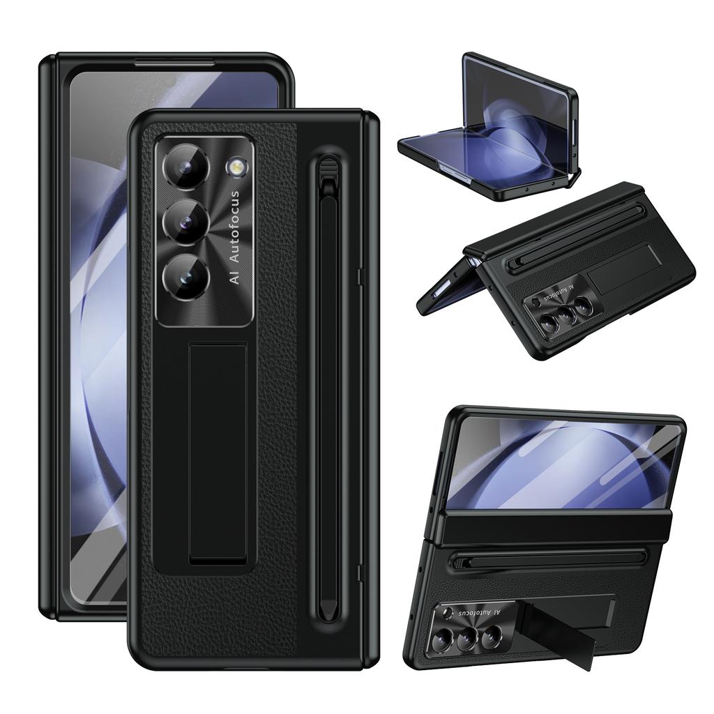 PU Leather Glass Film Pen Slot with Pen Stand Phone Case for Samsung Galaxy Z Fold 7 6 5 4 3 Fold6 Fold5 Hinge Protection Cover