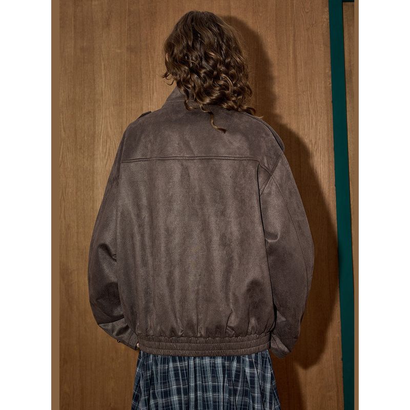 Coolhut2025 Autum Women's Fashionable Casual Versatile Loose Slimming Lapel Short Outwear Brown Leather Jacket