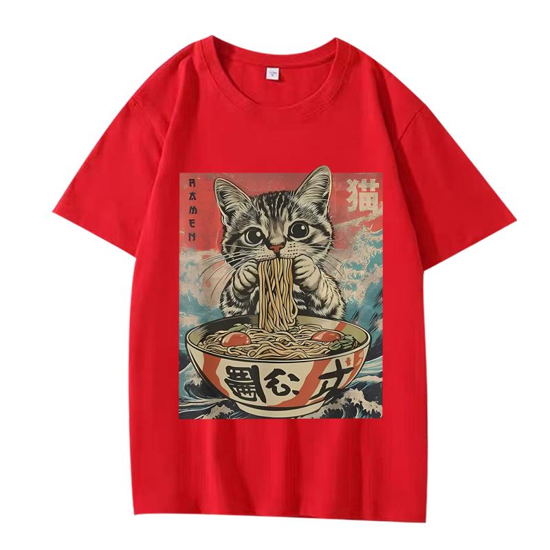 Kawaii Cat Ramen Anime T Shirt Men Women Oversized 100% Cotton Hot Sale Short Sleeve Summer Print  FASHION Unisex Plus Size Tops