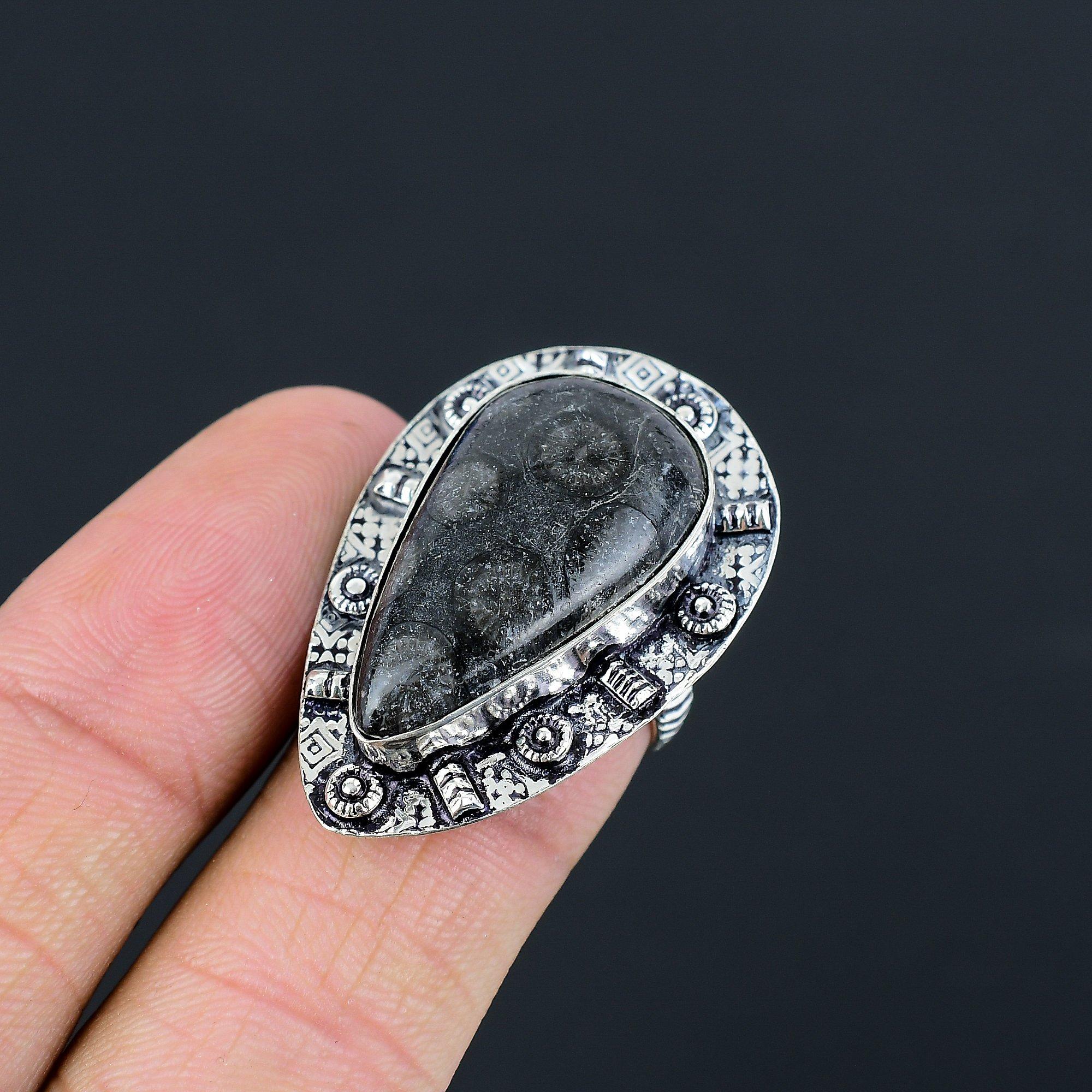 

Memorial Day Sale 925 Silver Pear Black Fossil Coral Gemstone Mother Ring Size 7 7